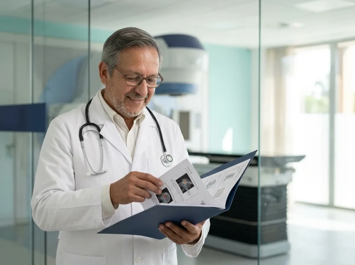 Dr. Óscar Barriga revisando una carpeta clínica en un área de radioterapia